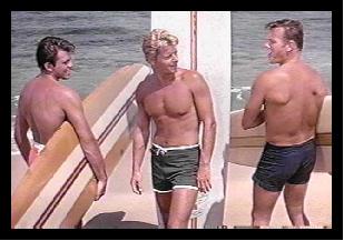 Fabian, Peter Brown and Tab Hunter on the beach